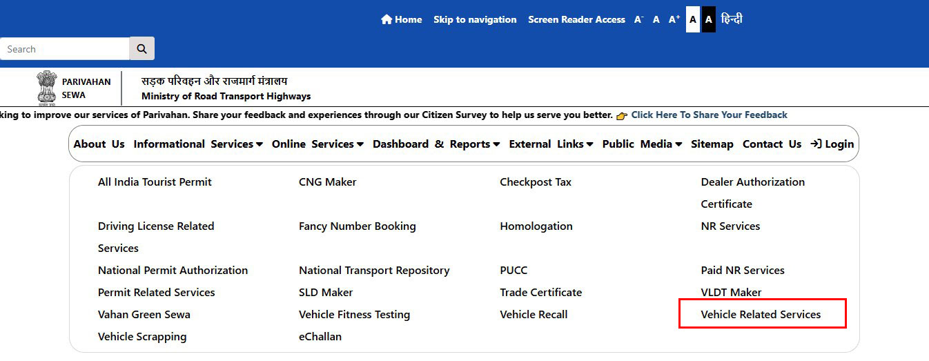 Parivahan Sewa Online Services menu showing the Vehicle Related Services option